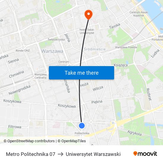 Metro Politechnika 07 to Uniwersytet Warszawski map