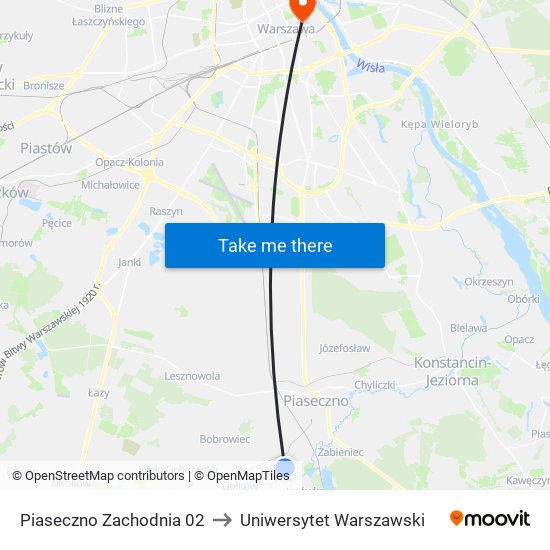 Piaseczno Zachodnia 02 to Uniwersytet Warszawski map