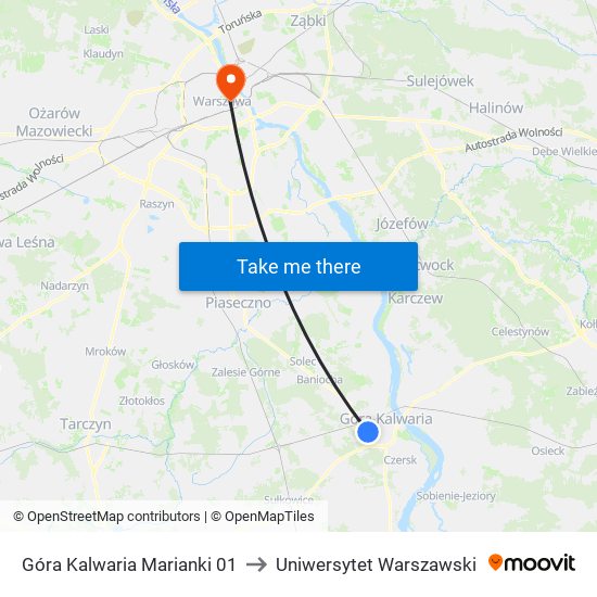 Góra Kalwaria Marianki 01 to Uniwersytet Warszawski map