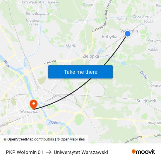 PKP Wołomin 01 to Uniwersytet Warszawski map