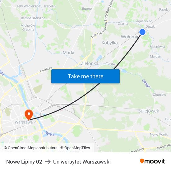 Nowe Lipiny 02 to Uniwersytet Warszawski map