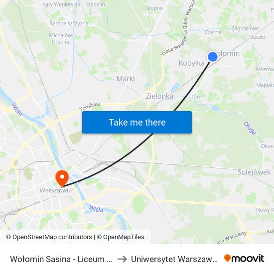 Wołomin Sasina-Liceum to Uniwersytet Warszawski map