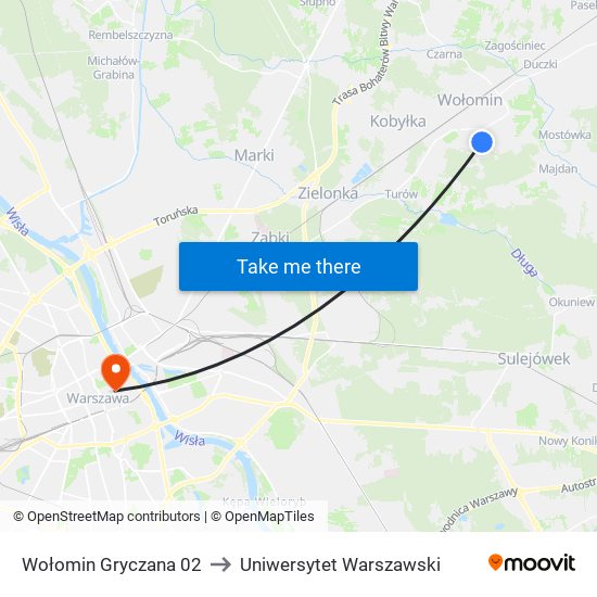 Wołomin Gryczana 02 to Uniwersytet Warszawski map