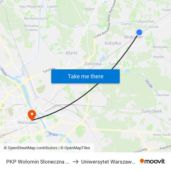 PKP Wołomin Słoneczna 02 to Uniwersytet Warszawski map