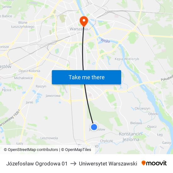 Józefosław Ogrodowa 01 to Uniwersytet Warszawski map