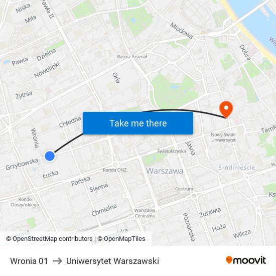 Wronia 01 to Uniwersytet Warszawski map