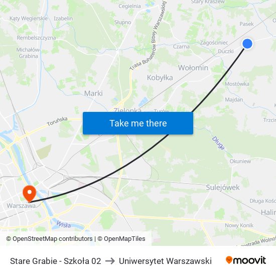 Stare Grabie - Szkoła 02 to Uniwersytet Warszawski map