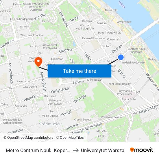 Metro Centrum Nauki Kopernik to Uniwersytet Warszawski map