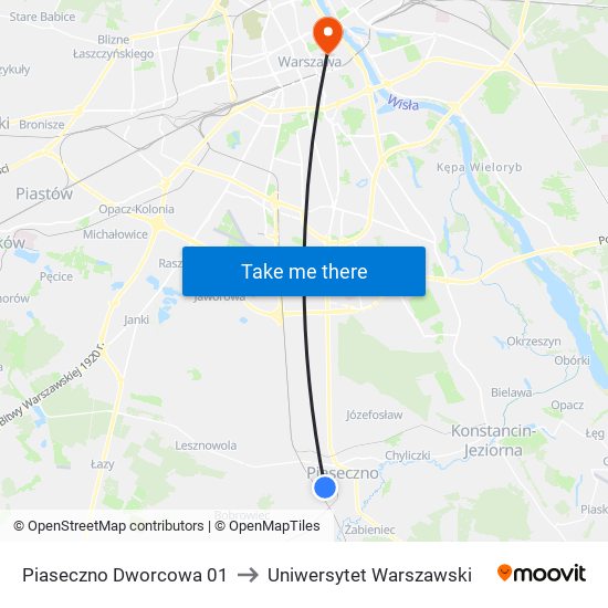 Piaseczno Dworcowa to Uniwersytet Warszawski map