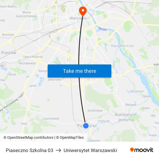 Piaseczno Szkolna to Uniwersytet Warszawski map