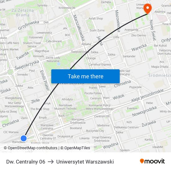 Dw. Centralny 06 to Uniwersytet Warszawski map