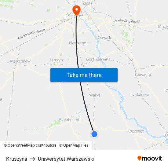 Kruszyna to Uniwersytet Warszawski map