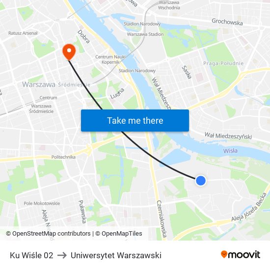 Ku Wiśle 02 to Uniwersytet Warszawski map