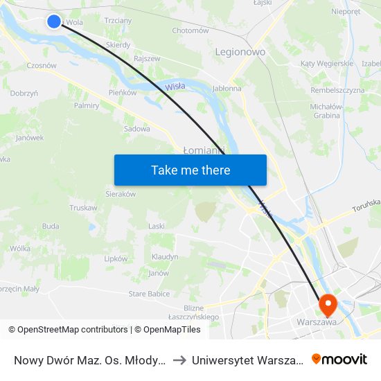 Nowy Dwór Maz. Os. Młodych 01 to Uniwersytet Warszawski map