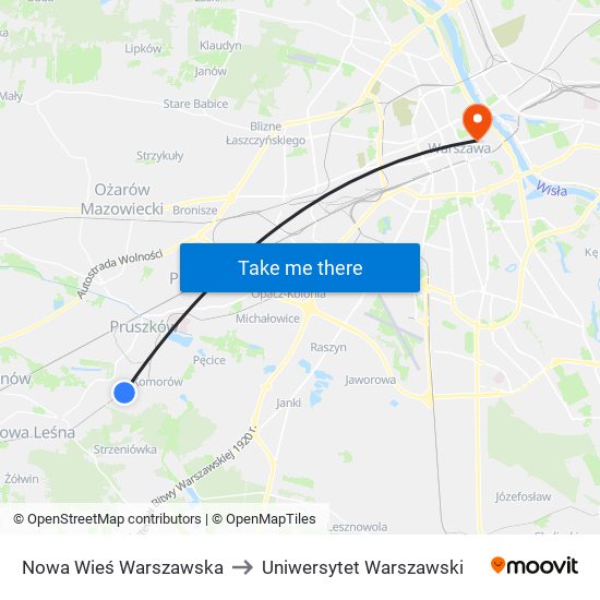 Nowa Wieś Warszawska to Uniwersytet Warszawski map