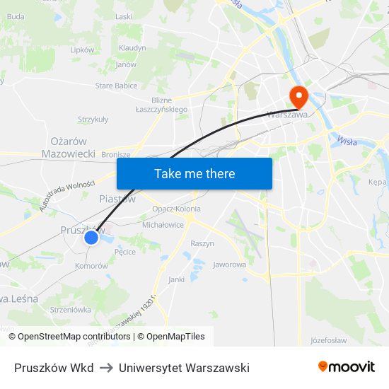 Pruszków Wkd to Uniwersytet Warszawski map