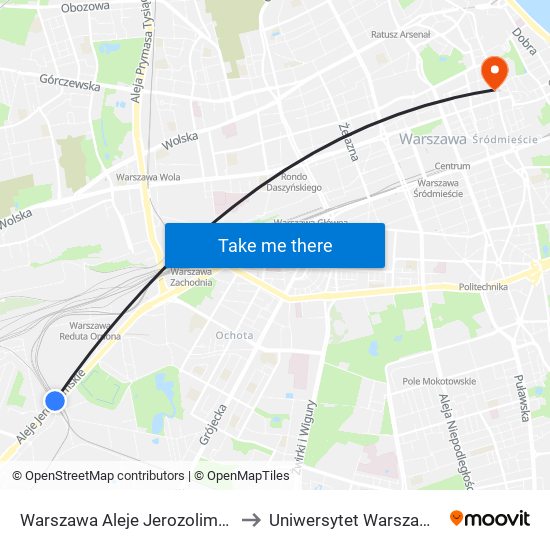 Warszawa Aleje Jerozolimskie to Uniwersytet Warszawski map
