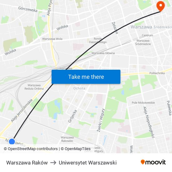 Warszawa Raków to Uniwersytet Warszawski map