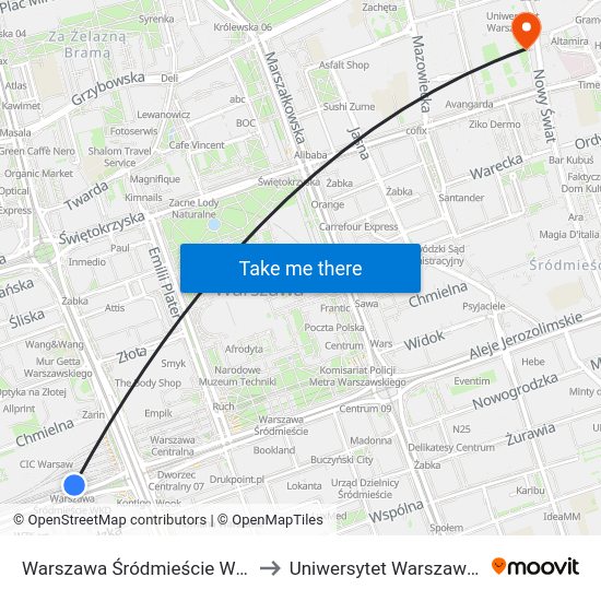 Warszawa Śródmieście WKD to Uniwersytet Warszawski map