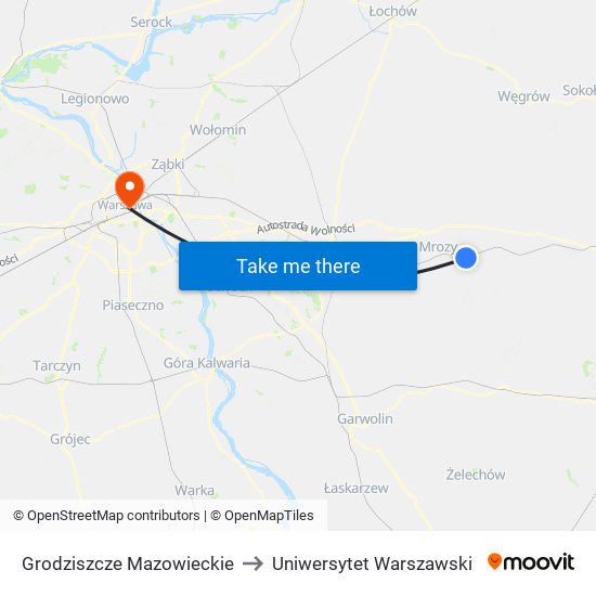 Grodziszcze Mazowieckie to Uniwersytet Warszawski map