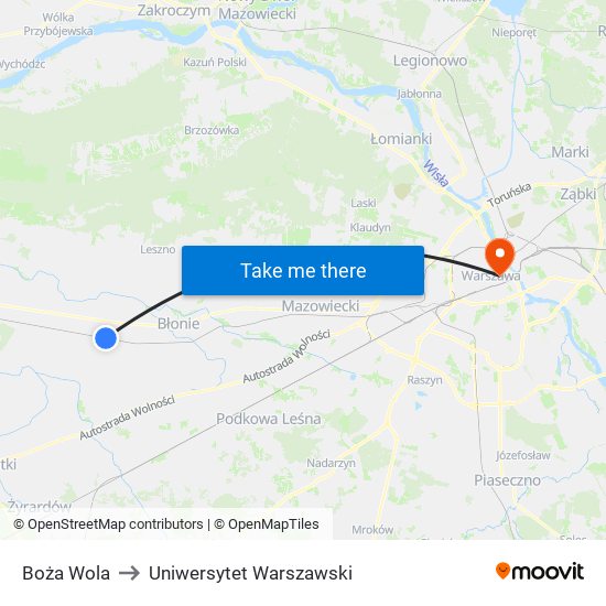 Boża Wola to Uniwersytet Warszawski map