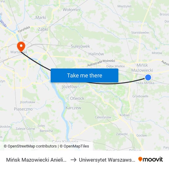 Mińsk Mazowiecki Anielina to Uniwersytet Warszawski map