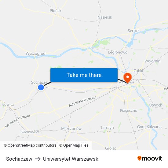 Sochaczew to Uniwersytet Warszawski map