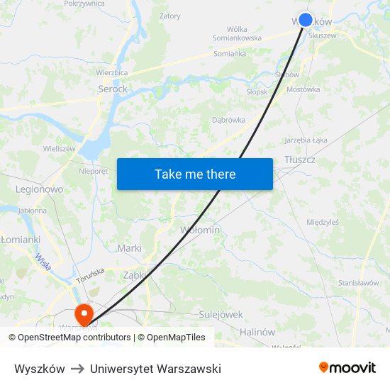 Wyszków to Uniwersytet Warszawski map