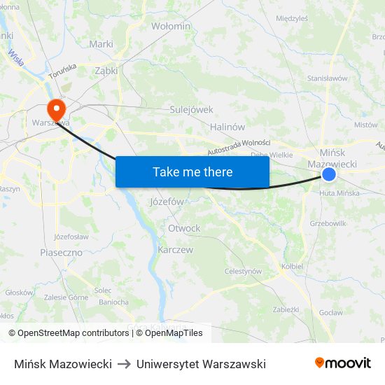 Mińsk Mazowiecki to Uniwersytet Warszawski map