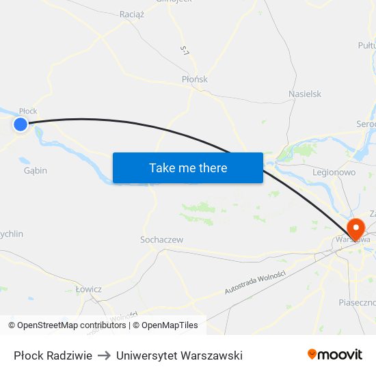 Płock Radziwie to Uniwersytet Warszawski map