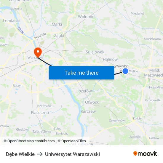 Dębe Wielkie to Uniwersytet Warszawski map