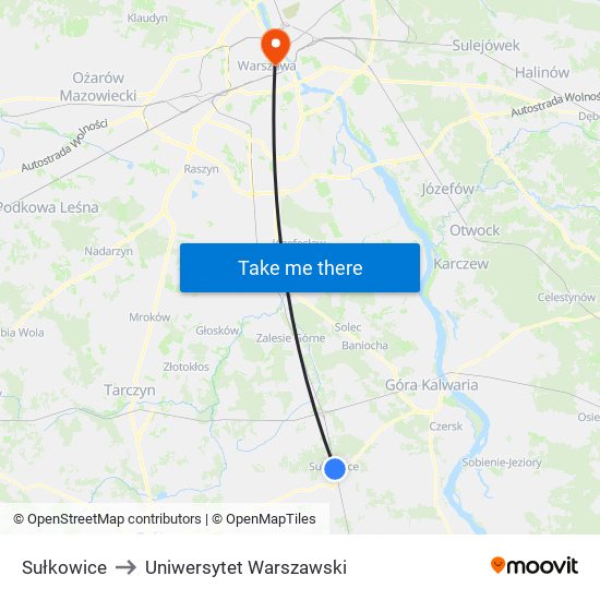 Sułkowice to Uniwersytet Warszawski map