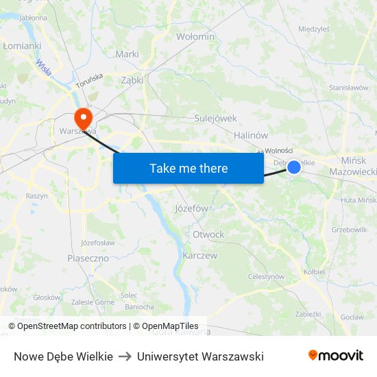 Nowe Dębe Wielkie to Uniwersytet Warszawski map