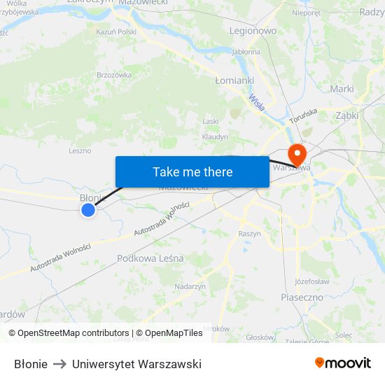 Błonie to Uniwersytet Warszawski map