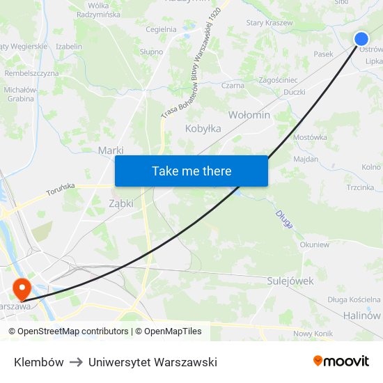 Klembów to Uniwersytet Warszawski map