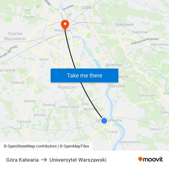 Góra Kalwaria to Uniwersytet Warszawski map