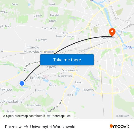 Parzniew to Uniwersytet Warszawski map