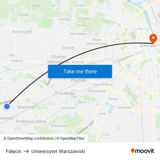 Falęcin to Uniwersytet Warszawski map