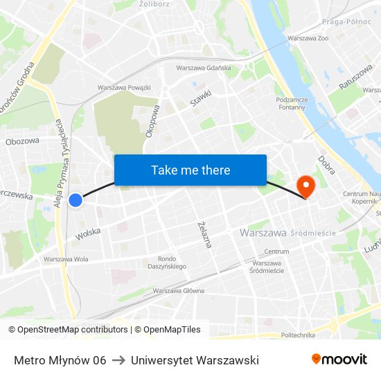 Metro Młynów 06 to Uniwersytet Warszawski map