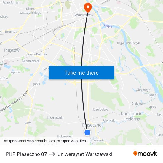 PKP Piaseczno to Uniwersytet Warszawski map