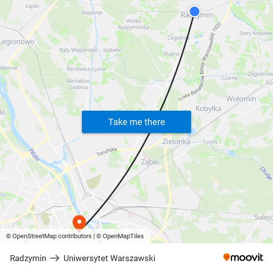 Radzymin to Uniwersytet Warszawski map