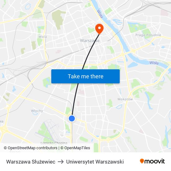 Warszawa Służewiec to Uniwersytet Warszawski map