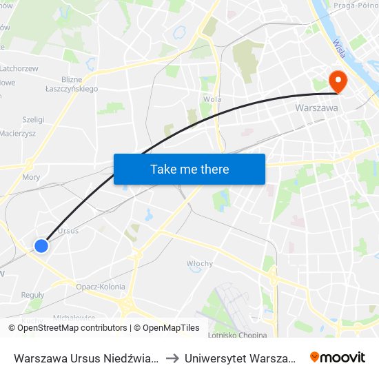 Warszawa Ursus Niedźwiadek to Uniwersytet Warszawski map