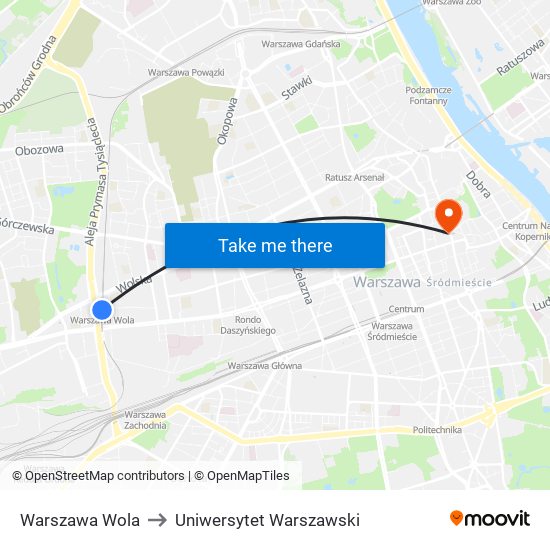 Warszawa Wola to Uniwersytet Warszawski map