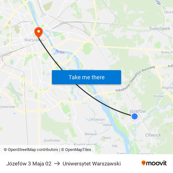 Józefów 3 Maja 02 to Uniwersytet Warszawski map