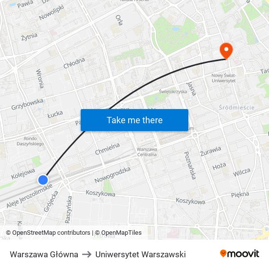 Warszawa Główna to Uniwersytet Warszawski map