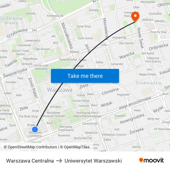 Warszawa Centralna to Uniwersytet Warszawski map