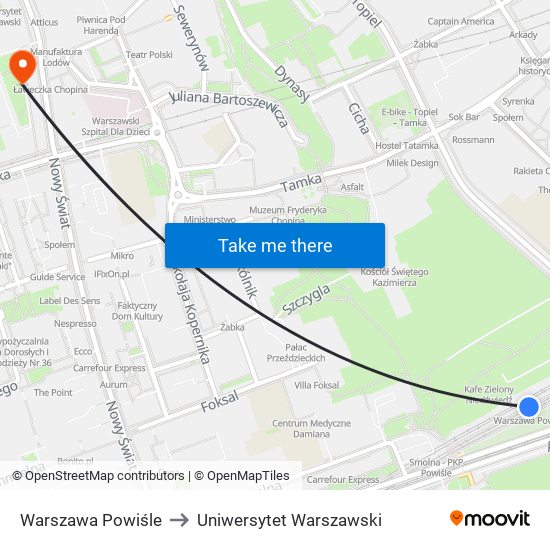 Warszawa Powiśle to Uniwersytet Warszawski map