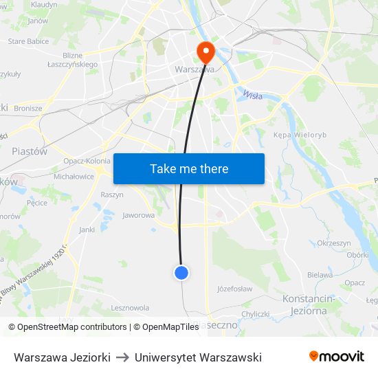 Warszawa Jeziorki to Uniwersytet Warszawski map