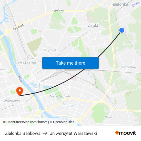 Zielonka Bankowa to Uniwersytet Warszawski map